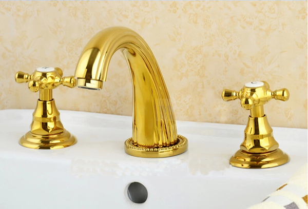 Lemans Solid Brass Golden Polished 3Pcs Bathroom Basin Sink Faucet Dual Handles Mixer Tap Deck Mount